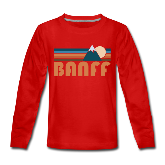 Banff, Canada Youth Long Sleeve Shirt - Retro Mountain Youth Long Sleeve Banff Tee - red