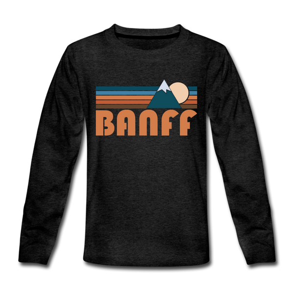 Banff, Canada Youth Long Sleeve Shirt - Retro Mountain Youth Long Sleeve Banff Tee - charcoal gray