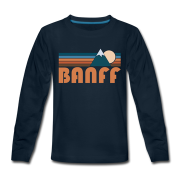 Banff, Canada Youth Long Sleeve Shirt - Retro Mountain Youth Long Sleeve Banff Tee - deep navy