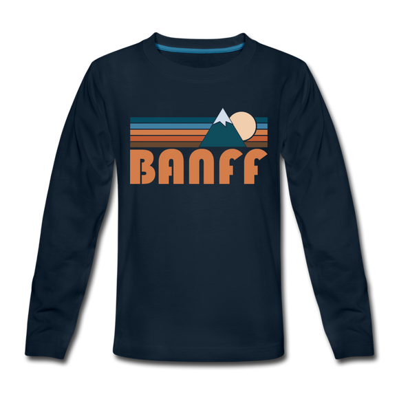 Banff, Canada Youth Long Sleeve Shirt - Retro Mountain Youth Long Sleeve Banff Tee - deep navy