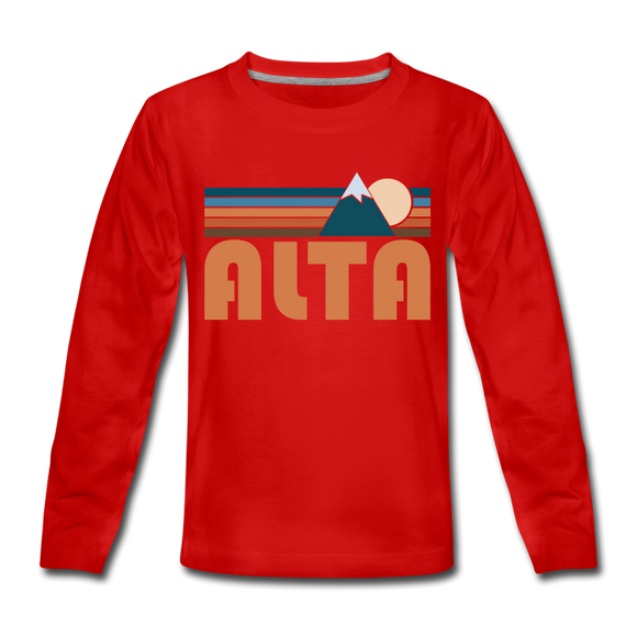 Alta, Utah Youth Long Sleeve Shirt - Retro Mountain Youth Long Sleeve Alta Tee - red