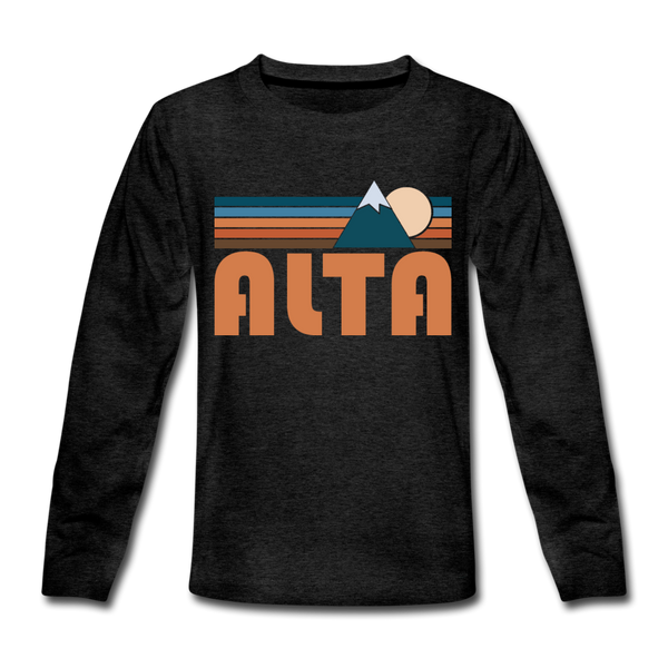 Alta, Utah Youth Long Sleeve Shirt - Retro Mountain Youth Long Sleeve Alta Tee - charcoal gray