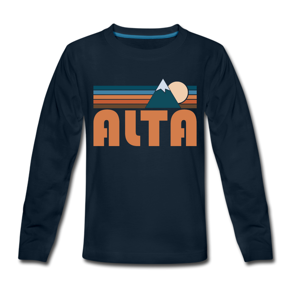 Alta, Utah Youth Long Sleeve Shirt - Retro Mountain Youth Long Sleeve Alta Tee - deep navy