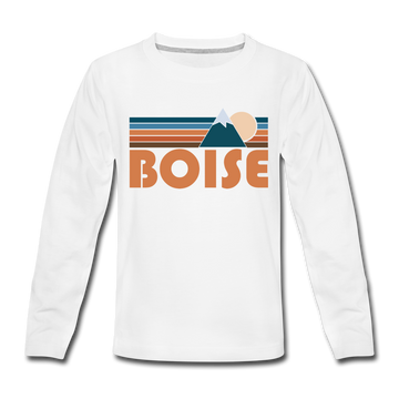 Boise, Idaho Youth Long Sleeve Shirt - Retro Mountain Youth Long Sleeve Boise Tee - white