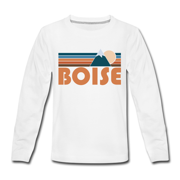 Boise, Idaho Youth Long Sleeve Shirt - Retro Mountain Youth Long Sleeve Boise Tee - white