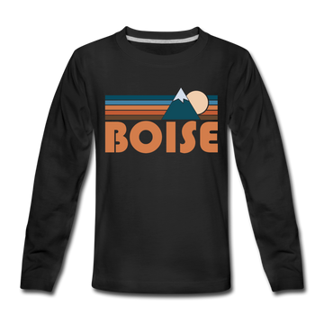 Boise, Idaho Youth Long Sleeve Shirt - Retro Mountain Youth Long Sleeve Boise Tee - black