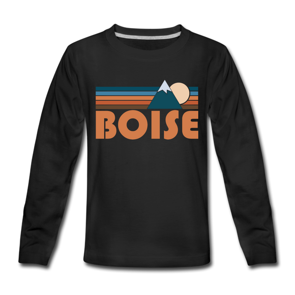 Boise, Idaho Youth Long Sleeve Shirt - Retro Mountain Youth Long Sleeve Boise Tee - black