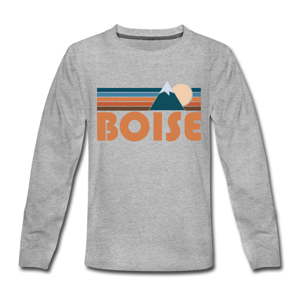 Boise, Idaho Youth Long Sleeve Shirt - Retro Mountain Youth Long Sleeve Boise Tee - heather gray