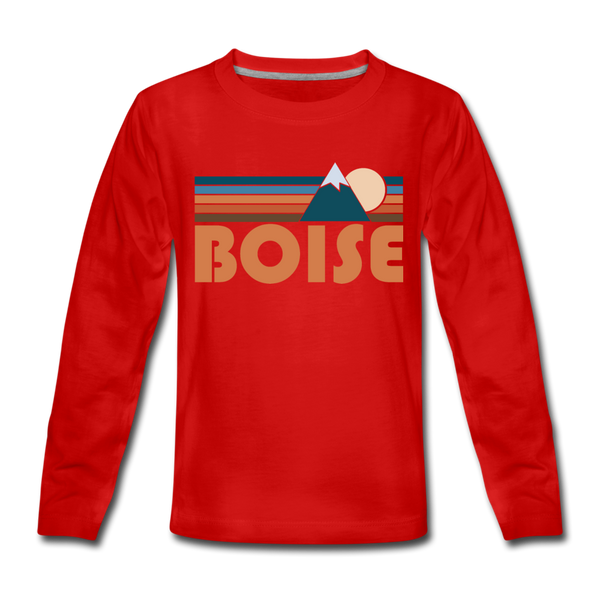 Boise, Idaho Youth Long Sleeve Shirt - Retro Mountain Youth Long Sleeve Boise Tee - red