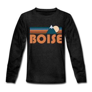 Boise, Idaho Youth Long Sleeve Shirt - Retro Mountain Youth Long Sleeve Boise Tee - charcoal gray