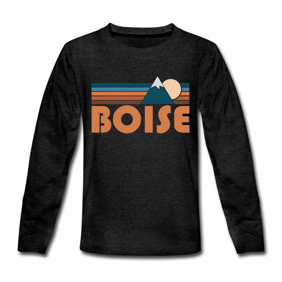 Boise, Idaho Youth Long Sleeve Shirt - Retro Mountain Youth Long Sleeve Boise Tee - charcoal gray