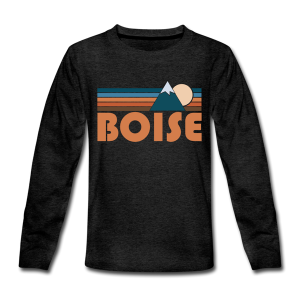 Boise, Idaho Youth Long Sleeve Shirt - Retro Mountain Youth Long Sleeve Boise Tee - charcoal gray