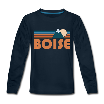 Boise, Idaho Youth Long Sleeve Shirt - Retro Mountain Youth Long Sleeve Boise Tee - deep navy