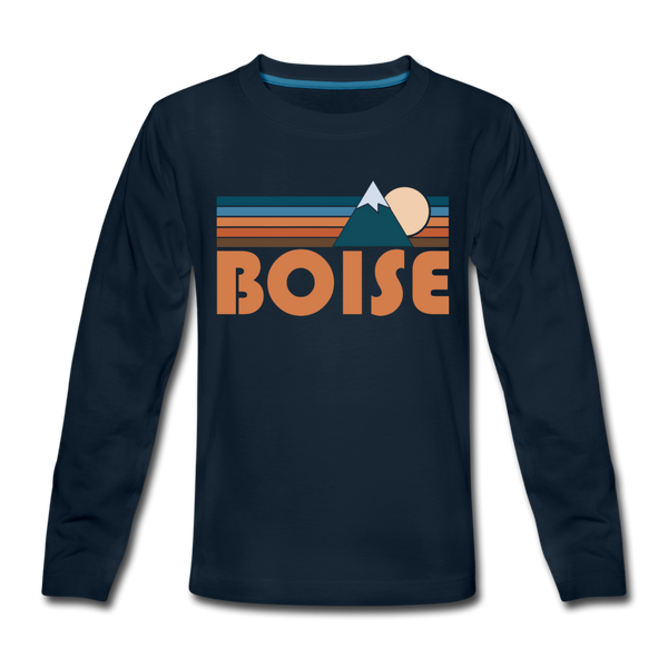 Boise, Idaho Youth Long Sleeve Shirt - Retro Mountain Youth Long Sleeve Boise Tee - deep navy