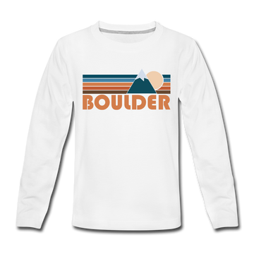 Boulder, Colorado Youth Long Sleeve Shirt - Retro Mountain Youth Long Sleeve Boulder Tee - white