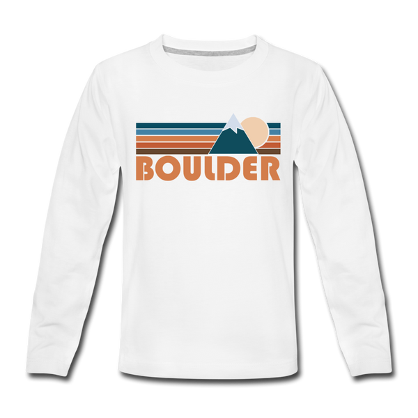 Boulder, Colorado Youth Long Sleeve Shirt - Retro Mountain Youth Long Sleeve Boulder Tee - white