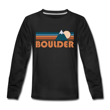 Boulder, Colorado Youth Long Sleeve Shirt - Retro Mountain Youth Long Sleeve Boulder Tee - black