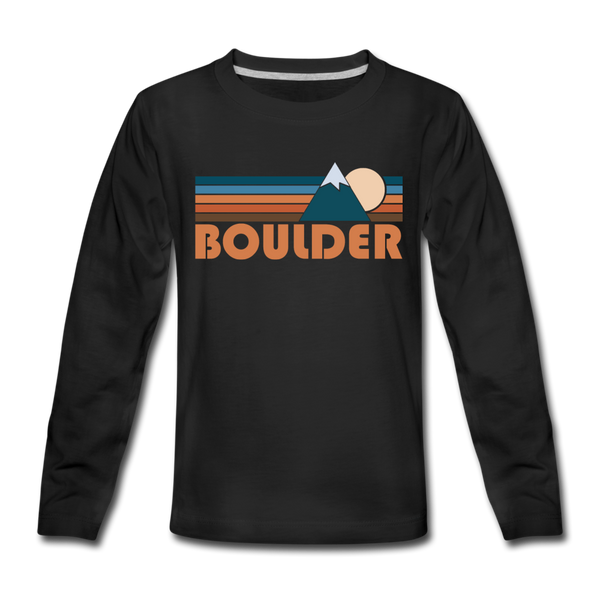 Boulder, Colorado Youth Long Sleeve Shirt - Retro Mountain Youth Long Sleeve Boulder Tee - black