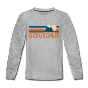 Boulder, Colorado Youth Long Sleeve Shirt - Retro Mountain Youth Long Sleeve Boulder Tee - heather gray