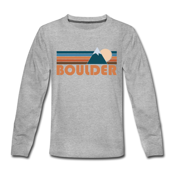 Boulder, Colorado Youth Long Sleeve Shirt - Retro Mountain Youth Long Sleeve Boulder Tee - heather gray