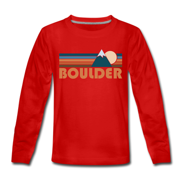Boulder, Colorado Youth Long Sleeve Shirt - Retro Mountain Youth Long Sleeve Boulder Tee - red