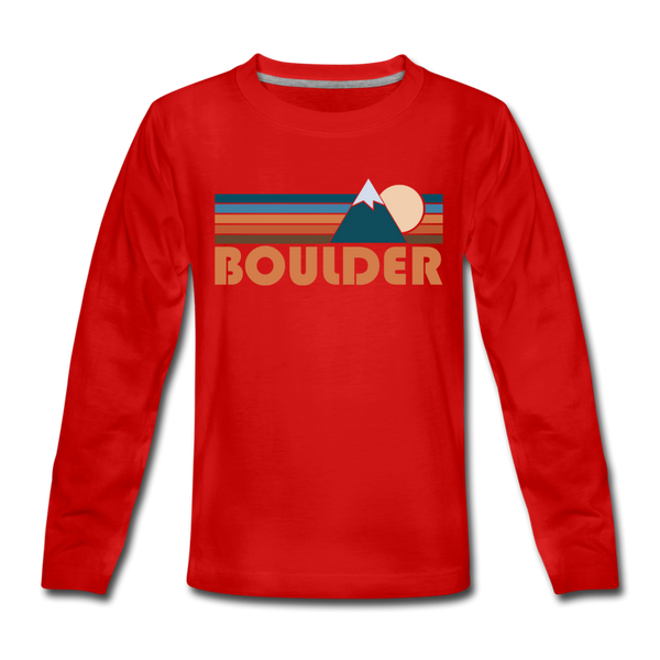 Boulder, Colorado Youth Long Sleeve Shirt - Retro Mountain Youth Long Sleeve Boulder Tee - red