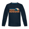 Boulder, Colorado Youth Long Sleeve Shirt - Retro Mountain Youth Long Sleeve Boulder Tee - deep navy