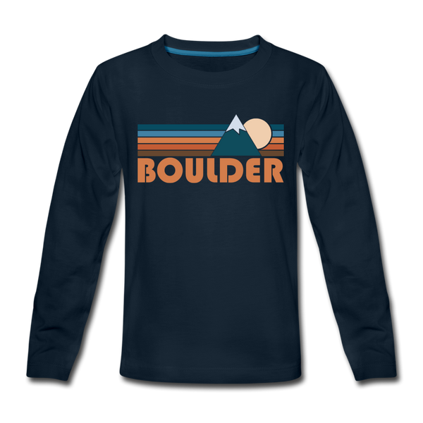 Boulder, Colorado Youth Long Sleeve Shirt - Retro Mountain Youth Long Sleeve Boulder Tee - deep navy