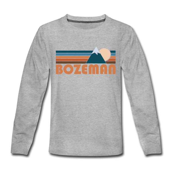 Bozeman, Montana Youth Long Sleeve Shirt - Retro Mountain Youth Long Sleeve Bozeman Tee - heather gray