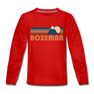 Bozeman, Montana Youth Long Sleeve Shirt - Retro Mountain Youth Long Sleeve Bozeman Tee - red