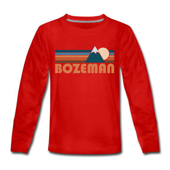 Bozeman, Montana Youth Long Sleeve Shirt - Retro Mountain Youth Long Sleeve Bozeman Tee - red