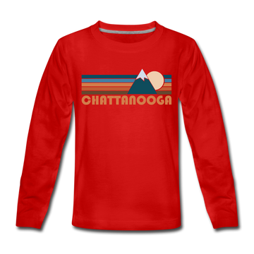 Chattanooga, Tennessee Youth Long Sleeve Shirt - Retro Mountain Youth Long Sleeve Chattanooga Tee - red