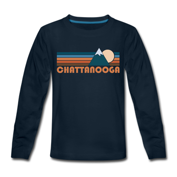 Chattanooga, Tennessee Youth Long Sleeve Shirt - Retro Mountain Youth Long Sleeve Chattanooga Tee - deep navy