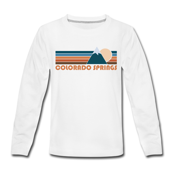 Colorado Springs, Colorado Youth Long Sleeve Shirt - Retro Mountain Youth Long Sleeve Colorado Springs Tee - white