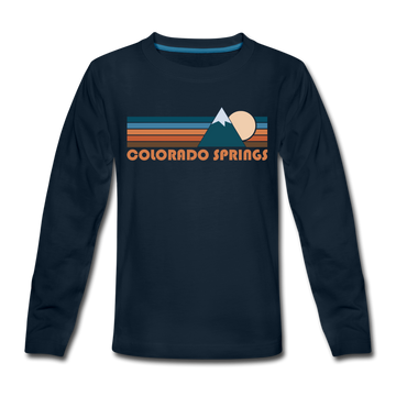 Colorado Springs, Colorado Youth Long Sleeve Shirt - Retro Mountain Youth Long Sleeve Colorado Springs Tee - deep navy