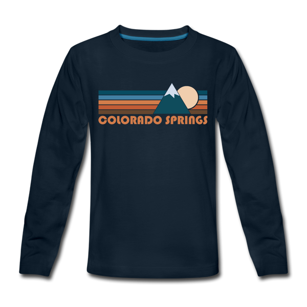Colorado Springs, Colorado Youth Long Sleeve Shirt - Retro Mountain Youth Long Sleeve Colorado Springs Tee - deep navy