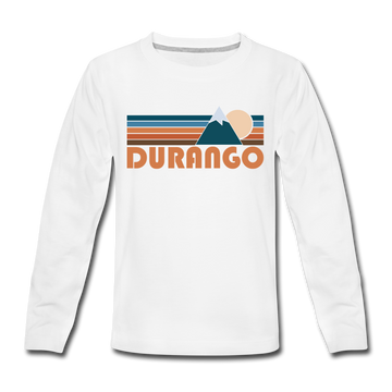 Durango, Colorado Youth Long Sleeve Shirt - Retro Mountain Youth Long Sleeve Durango Tee - white