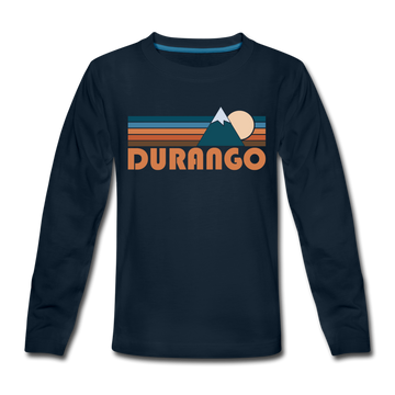 Durango, Colorado Youth Long Sleeve Shirt - Retro Mountain Youth Long Sleeve Durango Tee - deep navy