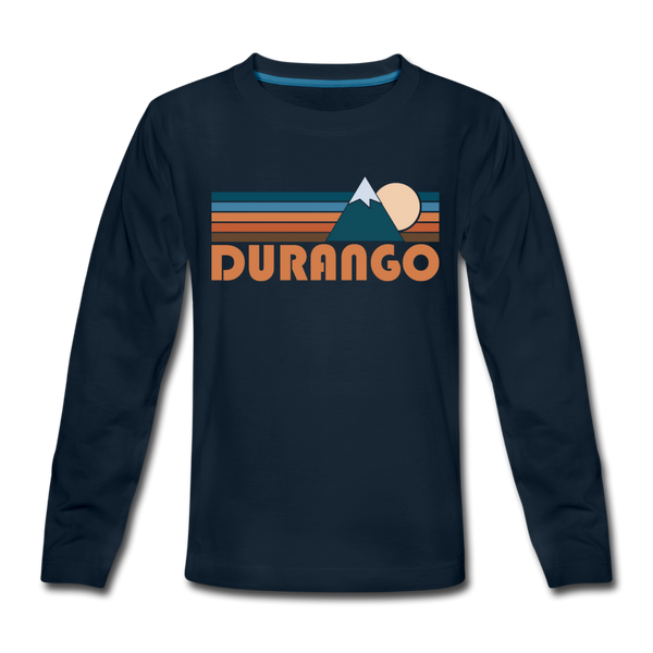 Durango, Colorado Youth Long Sleeve Shirt - Retro Mountain Youth Long Sleeve Durango Tee - deep navy