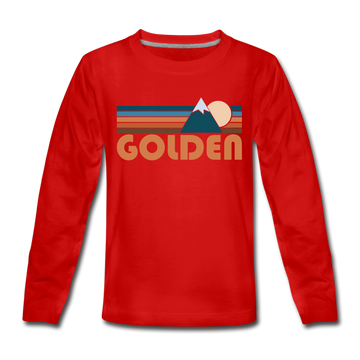 Golden, Colorado Youth Long Sleeve Shirt - Retro Mountain Youth Long Sleeve Golden Tee - red
