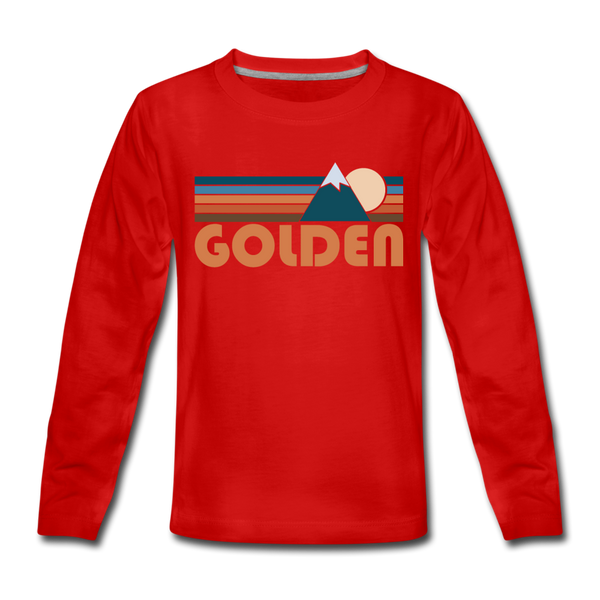Golden, Colorado Youth Long Sleeve Shirt - Retro Mountain Youth Long Sleeve Golden Tee - red