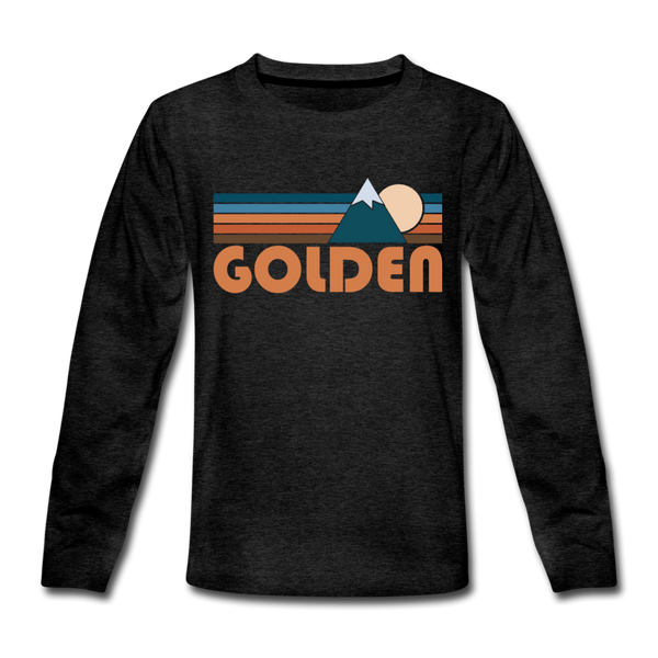 Golden, Colorado Youth Long Sleeve Shirt - Retro Mountain Youth Long Sleeve Golden Tee - charcoal gray
