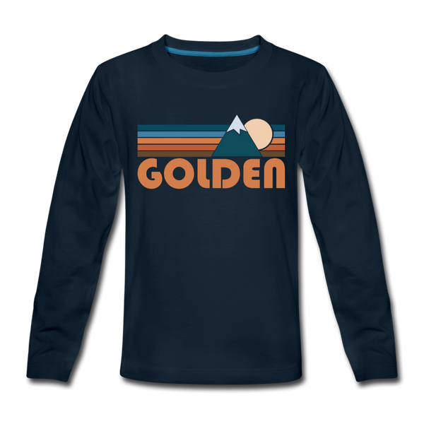 Golden, Colorado Youth Long Sleeve Shirt - Retro Mountain Youth Long Sleeve Golden Tee - deep navy