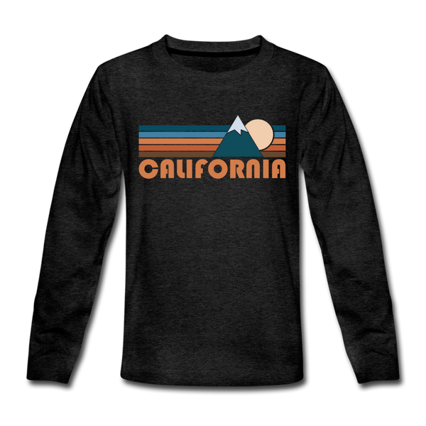 California Youth Long Sleeve Shirt - Retro Mountain Youth Long Sleeve California Tee - charcoal gray
