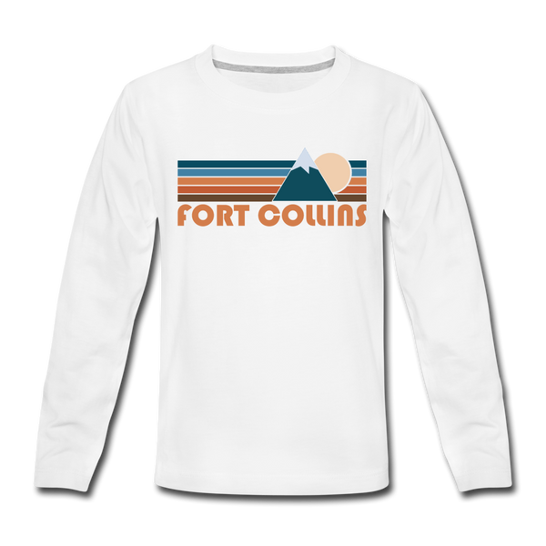 Fort Collins, Colorado Youth Long Sleeve Shirt - Retro Mountain Youth Long Sleeve Fort Collins Tee - white