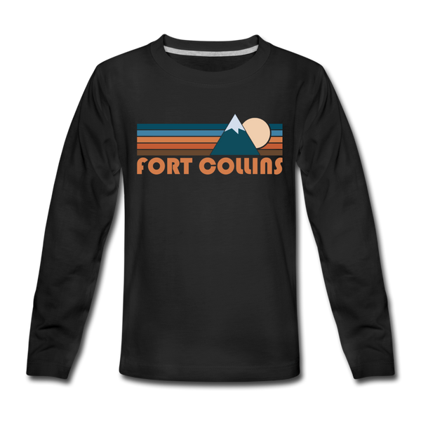 Fort Collins, Colorado Youth Long Sleeve Shirt - Retro Mountain Youth Long Sleeve Fort Collins Tee - black