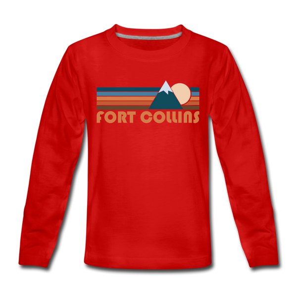 Fort Collins, Colorado Youth Long Sleeve Shirt - Retro Mountain Youth Long Sleeve Fort Collins Tee - red