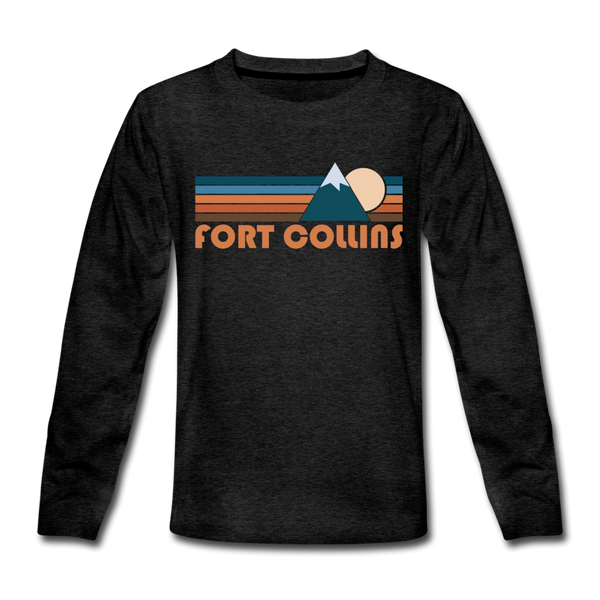 Fort Collins, Colorado Youth Long Sleeve Shirt - Retro Mountain Youth Long Sleeve Fort Collins Tee - charcoal gray