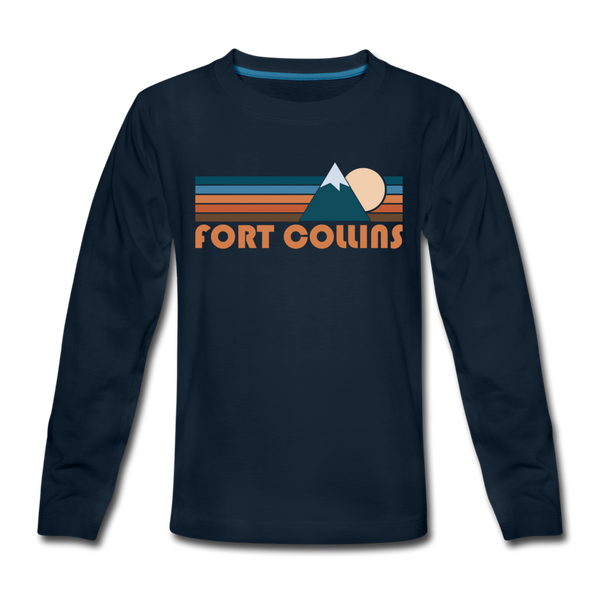 Fort Collins, Colorado Youth Long Sleeve Shirt - Retro Mountain Youth Long Sleeve Fort Collins Tee - deep navy