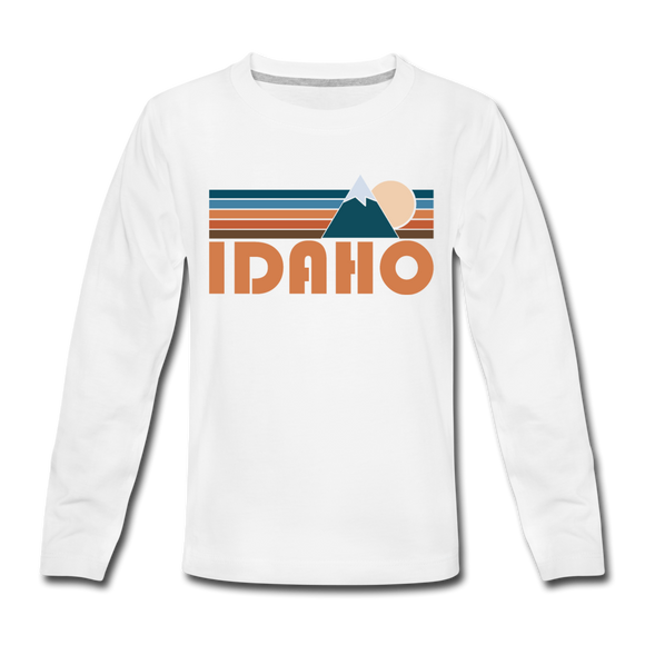 Idaho Youth Long Sleeve Shirt - Retro Mountain Youth Long Sleeve Idaho Tee - white